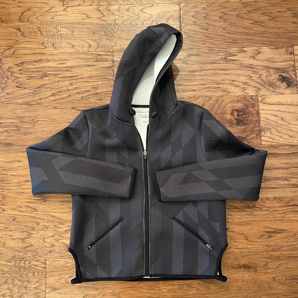 BCBGMAXAZRIA Geometric Scuba Zip Up Hoodie Jacket Womens Large Black Gray